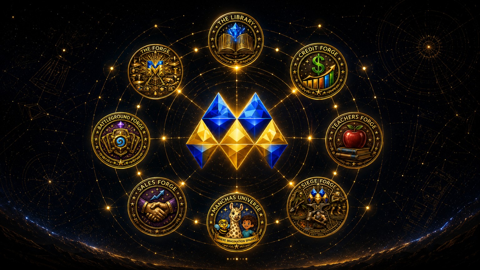 McCane Creations constellation map with medallions orbiting the central logo